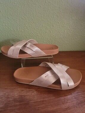 REEF Metallic Cross-Strap Slide Sandals - Champagne